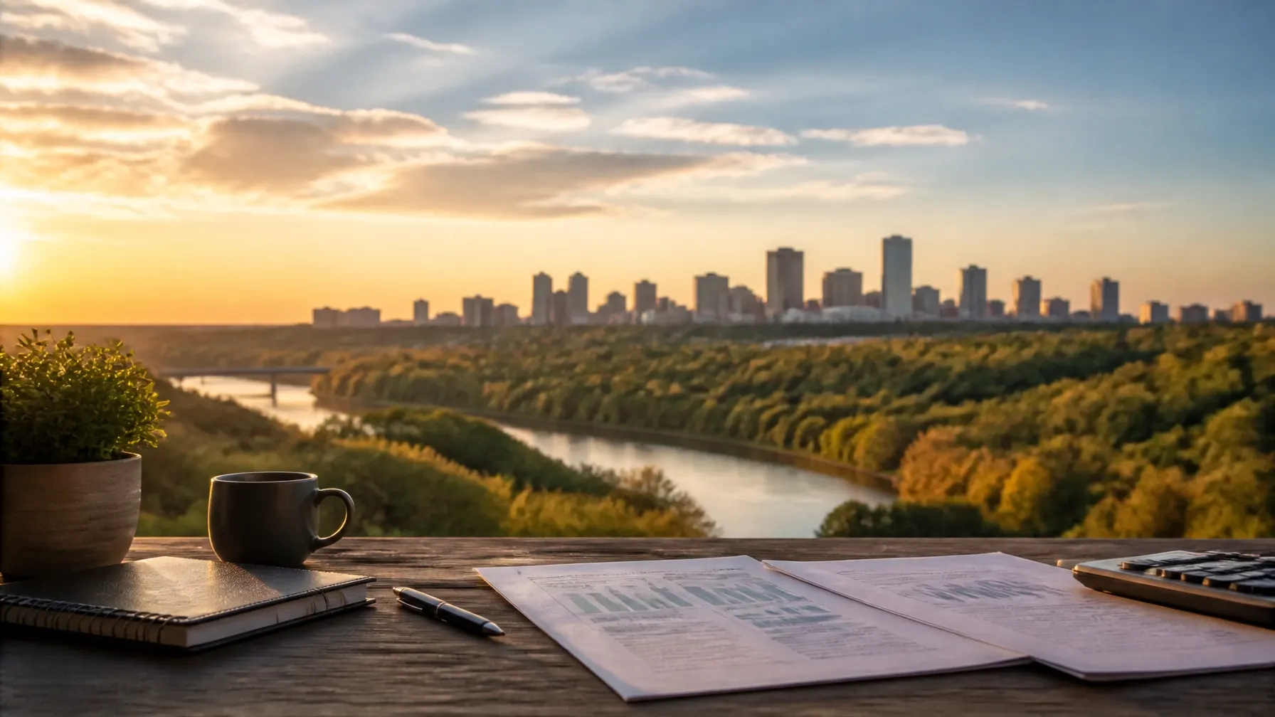 Financial papers and a notebook overlooking the Edmonton river valley